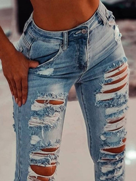 Milanoo Damen Jeans Hellhimmelblau Knöpfe Reißverschluss Fliege Unregelmäßige Natürliche Taille Lang
