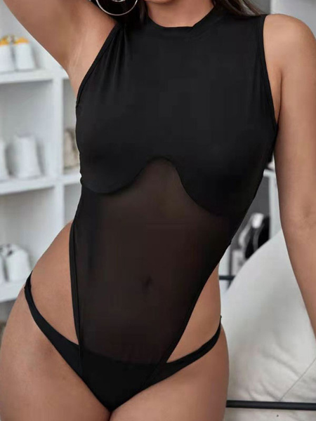 Milanoo Women Bodysuit Black Backless Sleeveless　Sheer Jewel Neck Sexy Polyester Sexy Top