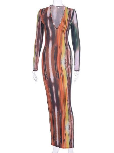 Milanoo Maxi Dresses Long Sleeves OrangeStripes Pattern Jewel Neck Bodycon Polyester Long Dress