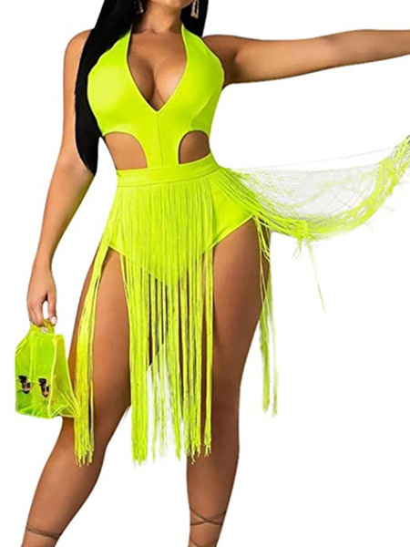 Milanoo Club Dress Yellow Green Straps Neck Fringe Sleeveless Polyester Irregular Sexy Midi Bodycon