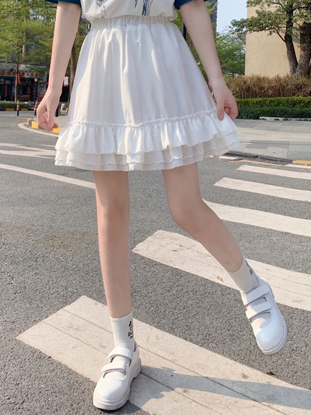 Milanoo Sweet Lolita SK Ruffles Polyester White Lolita Mini Skirts