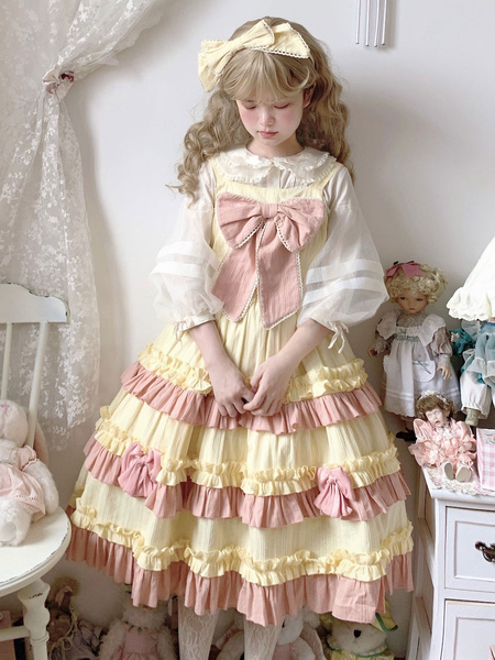 Milanoo Sweet Lolita JSK Dress Polyester Bow Two-Tone Sleeveless Tiered Bows Ruffles Yellow Sweet Lo