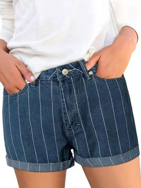Milanoo Denim Shorts For Woman Casual Buttons Stripes Pattern Cowboy Blue Summer Shorts