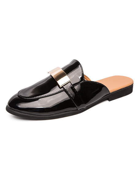 Milanoo Men's Monk Strap Loafer Mules in Black Patent Leather