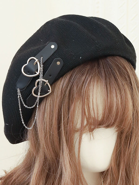 Image of Sweet Lolita Hat Chains Accessori Hearts Pattern Cappello Lolita in poliestere nero Black