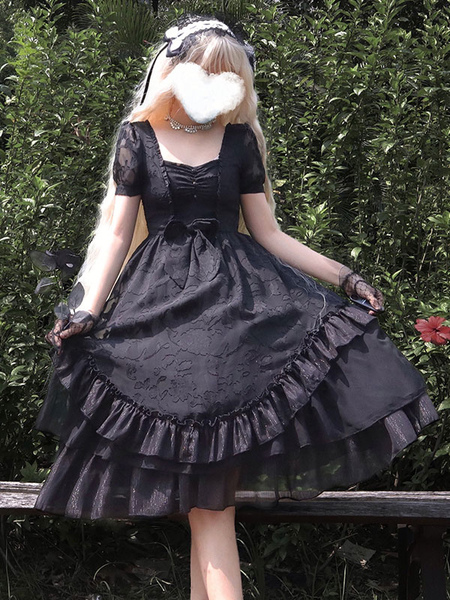 Milanoo Gothic Lolita OP Dress Black Short Sleeve Polyester Ruffles Bows Lace Tiered Lolita One Piec