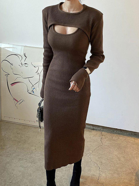 Milanoo Two Piece Sets Coffee Brown Lycra Spandex Crochet Cut Out Casual Dress Winter Long Sleeves J