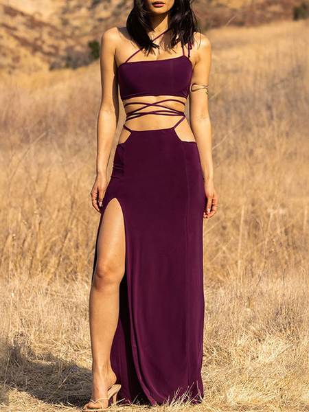 Milanoo Two Piece Sets Burgundy Polyester Split Front Piping Casual Long Skirt Summer Sleeveless Str