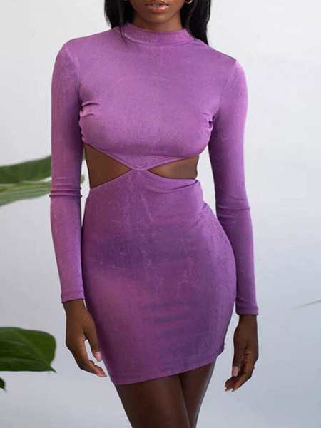 Milanoo Bodycon Dresses Purple Jewel Neck Long Sleeves Cut Out Casual Stretch Sheath Dress Sheath Dr