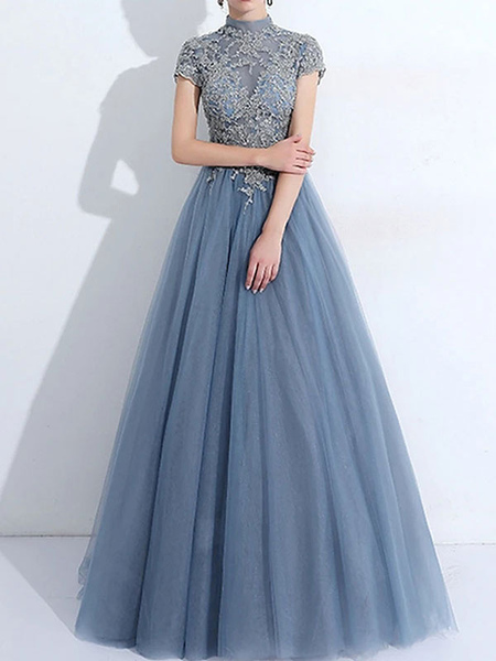 Milanoo Prom Dress Blue Gray Ball Gown High Collar Tulle Short Sleeves Beaded Floor-Length Wedding G