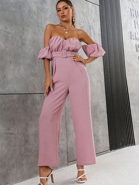 Milanoo Women Jumpsuit Salmon Strapless Short Sleeves Pleated Open Shoulder Strapless Polyester Stra