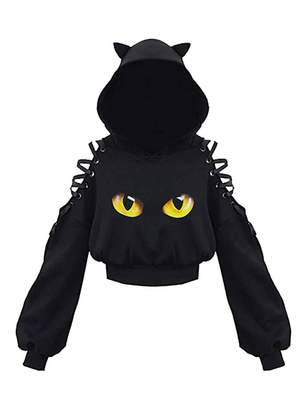 Image of Felpa con cappuccio da donna nera a maniche lunghe con motivo a gatto Felpa corta