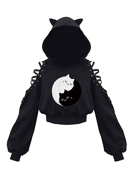 Milanoo Women Hoodie Black Long Sleeves Cat Pattern Short Sweatshirt