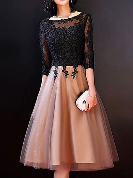 Milanoo Black Bridal Mother Dress Jewel Neck Half Sleeves Ball Gown Applique Knee-Length Wedding Gue