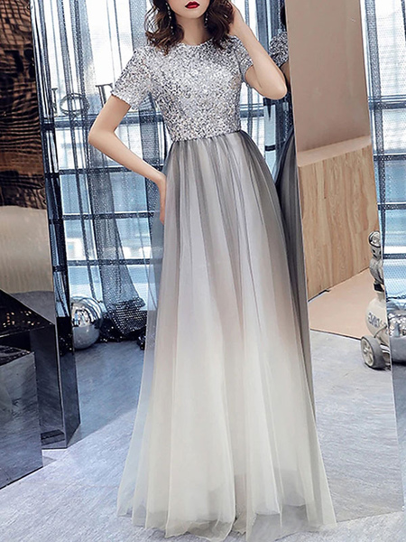 Milanoo Sliver Prom Dress Sequined Jewel Neck Ball Gown Short Sleeves Sequins Long Wedding Guest Dre