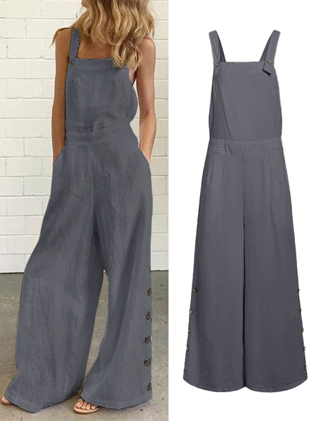 Milanoo Gray Overalls Straps Neck Sleeveless Buttons Oversized Polyester Wide Summer One Piece Outfi