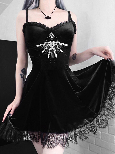 Milanoo Women Gothic Dress Black Pleated Ruffles Gothic Korean Velvet Midi Summer Dress