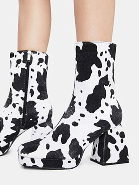 Milanoo Women's Platform Block Heel Ankle Boots in Black Cow Print