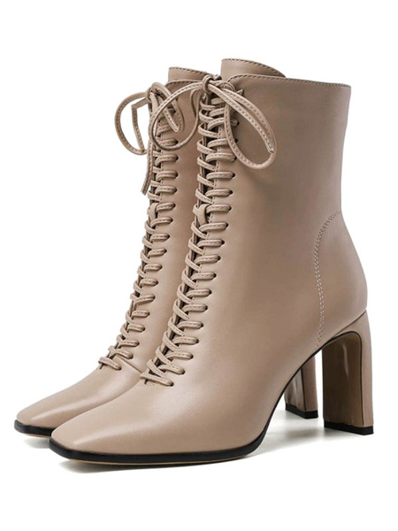 Milanoo Women's Lace Up Chunky Heel Ankle Boots in Apricot