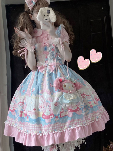 Milanoo Sweet Lolita JSK Dress Polyester Sleeveless Floral Print Pattern Sleeveless Bows Lace Ruffle