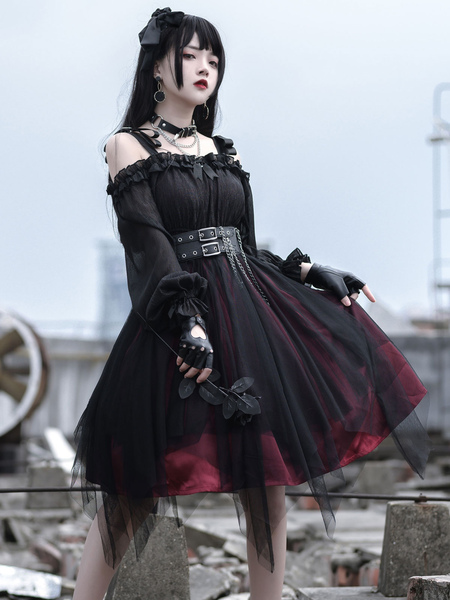 Image of Gothic Lolita Op Dress Black Borgogna Ruffles Bows Aprire la spalla maniche lunghe Lolita Un pezzo