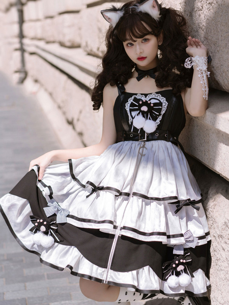 Milanoo Sweet Lolita JSK Dress Polyester Sleeveless Bows Ruffles Lace White Lolita Jumper Skirt