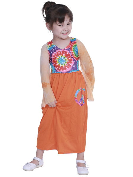 Image of Costumi retrò arancioni Abito in poliestere con stampa floreale Costume di Maria Antonietta Abito hippies Abbigliamento vintage