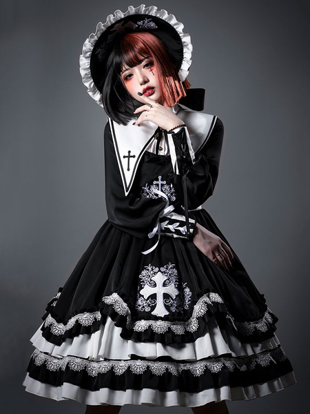 Milanoo Gothic Lolita OP Dress Black Ruffles Bows Lace Polyester Lace Cross Floral Print Lolita One