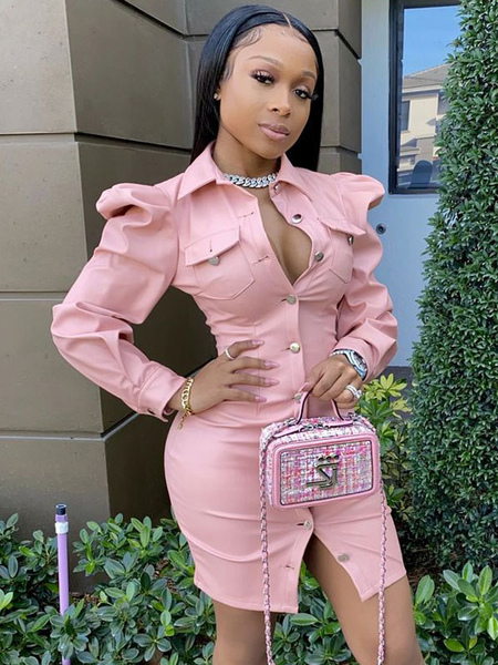 Milanoo Bodycon Dresses Pink Turndown Collar Buttons Sexy Long Sleeves Midi Pencil Dress