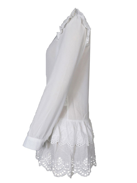 Women Midi Dress White Layered Cotton Casual Jewel Neck Long Sleeves Lace Dresses