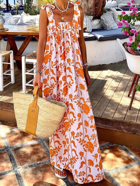 Image of Abito lungo donna arancione con scollo quadrato senza maniche con motivo floreale elasticizzato