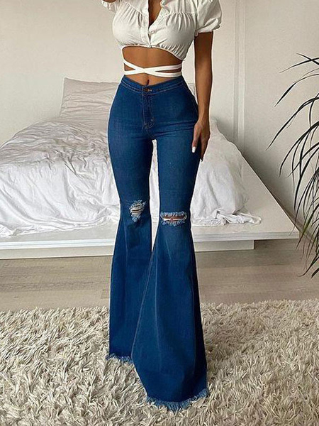 Jeans For Woman Blue Casual Fringe Raised Waist Stretch Denim Flared Denim