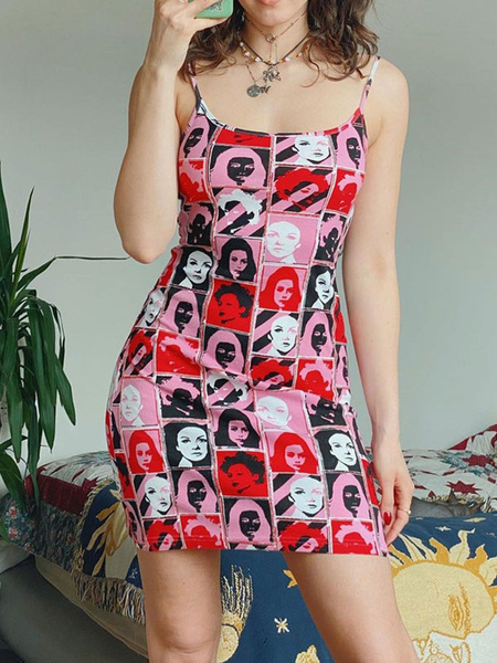 Milanoo Bodycon Dresses Floral Printed Red Straps Neck Piping Stretch Casual Sleeveless Midi Pencil