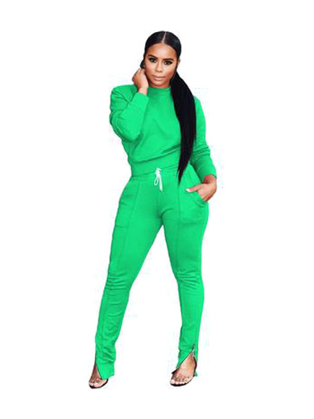 Milanoo Two Piece Sets Green Polyester Athletic Spring Long Sleeves Women Outfit