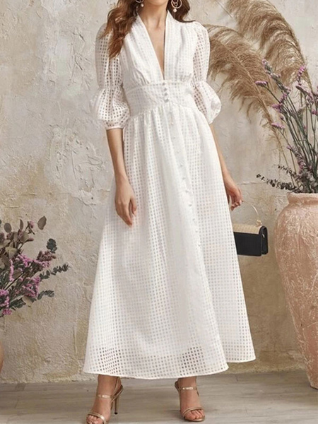 Milanoo Women White Long Dress Pleated Layered Polyester Sexy V-Neck Half Sleeves Lace Dresses