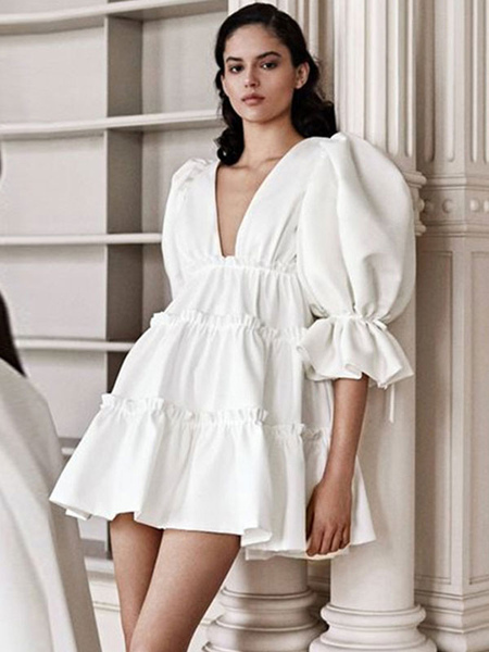 Milanoo Women Party Dresses White V-Neck Pleated Half Sleeves Backless Summer Semi Formal Dress