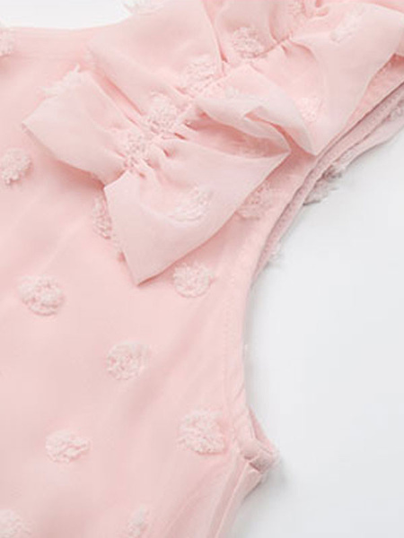 Summer Dress Pink V-Neck Sleeveless Applique Polyester Knee Length Beach Dress