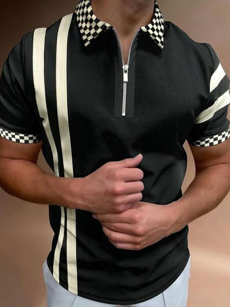 

Milanoo Mens Polo Shirt Printed Stand Collar Short Sleeves Regular Fit White Fashionable Polo Shirts, Black;white