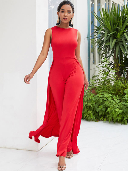 Milanoo Red Jumpsuit Jewel Neck Sleeveless Pleated Layered Polyester Straight Summer One Piece Outfi