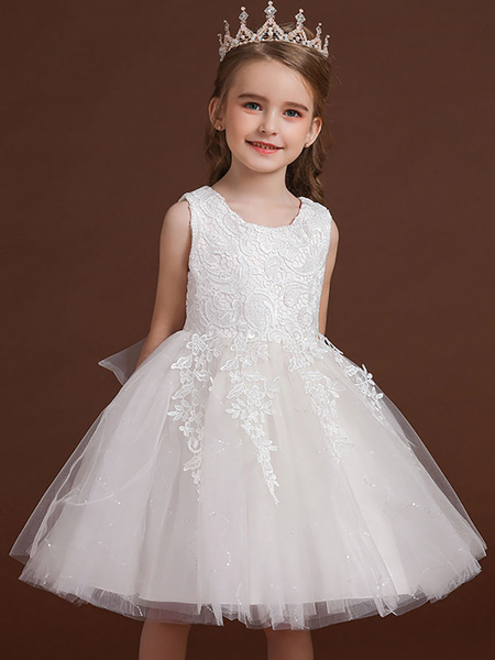 Milanoo Flower Girl Dresses White Jewel Neck Polyester Cotton Sleeveless Knee-Length A-Line Embroide