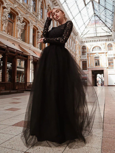 Milanoo Black Loyal Wedding Dresses Lace A-Line Jewel Neck Long Sleeves Backless Lace Floor-Length B