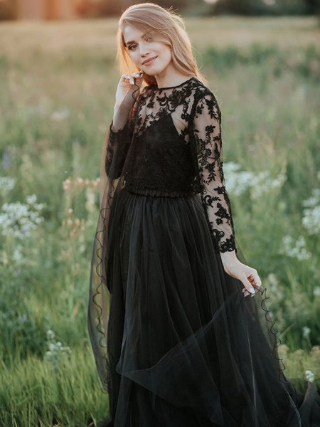 Milanoo Black Wedding Dresses Lace A-Line Jewel Neck Long Sleeves Lace Floor-Length Black Bridal Dre