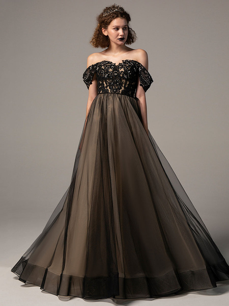 Milanoo Black Wedding Dresses A-Line Sleeveless Backless Tull Lace With Train Bridal Gown