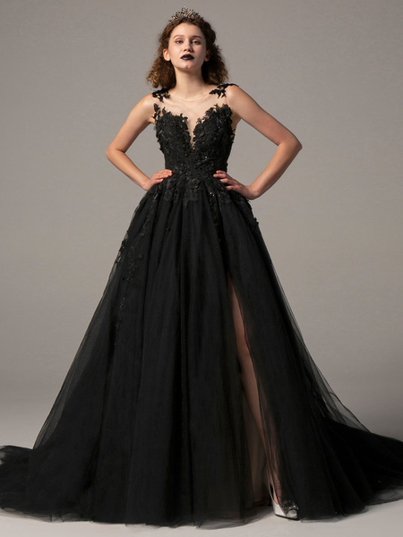 Milanoo Black Wedding Dresses A-Line Sleeveless Lace Tulle Backless With Train Bridal Dress