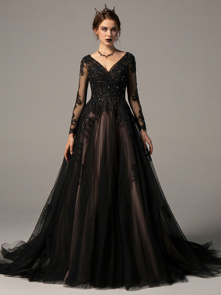 Milanoo Black Wedding Dresses A-Line V-Neck Long Sleeves Lace Tulle Bridal Gown With Train