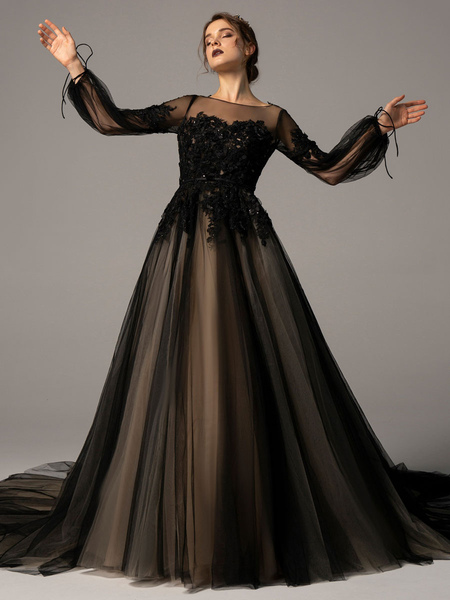 Milanoo Black Loyal Wedding Dresses A-Line Jewel Neck Long Sleeves Tulle Lace With Train Bridal Dres