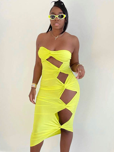 Milanoo Club Dress For Women Yellow Strapless Cut Out Sleeveless Polyester Open Shoulder Sexy Maxi D