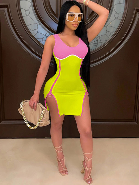 Milanoo Bodycon Dresses Yellow Pink Two-Tone Sleeveless Zipper Sexy U-Neck Backless Sheath Dress