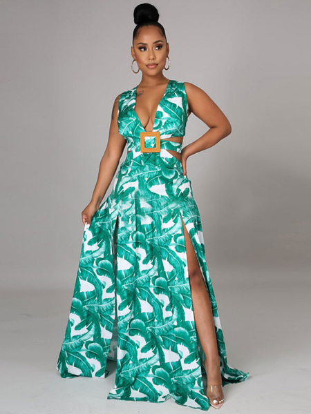 Milanoo Women Long Dress Green Floral Print Pattern V-Neck Sleeveless Backless High Slit Maxi Dress
