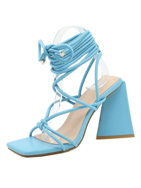Milanoo Women's Lace Up Chunky Heel Sandals in Light Blue